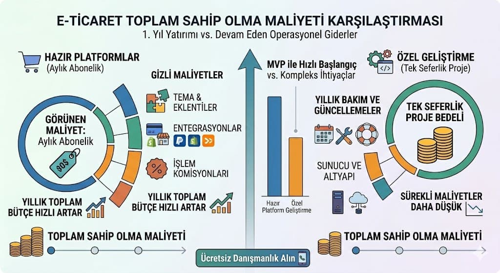 E-ticaret sitesi kurulum maliyeti hazır platform ve özel geliştirme karşılaştırması