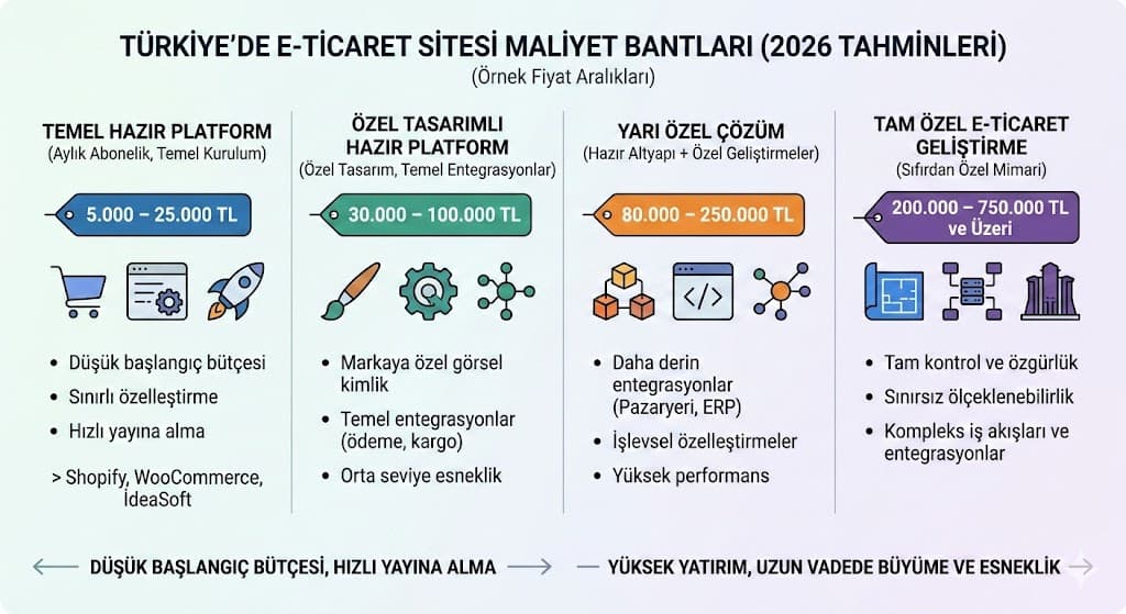 E-ticaret yazılım özellikleri ve 2026 fiyat aralıkları karşılaştırma tablosu