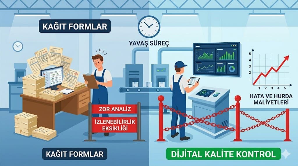 Kalite kontrol yazılımı üretimde hata oranını düşürme dijital kalite kontrol modülü kontrol listesi ve ölçüm kayıtları