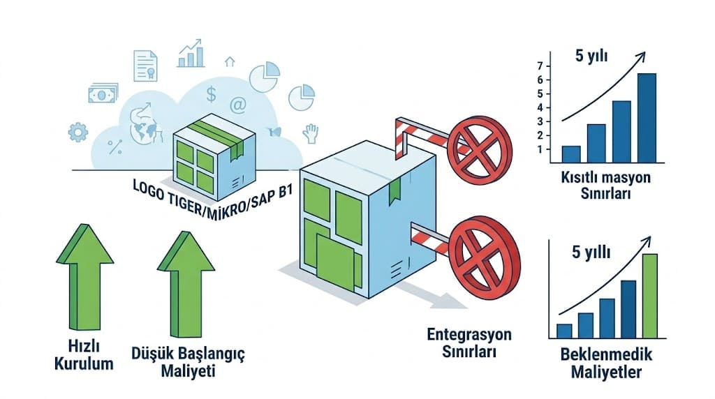 Özel ERP ve hazır ERP karşılaştırması KOBİ'ler için maliyet analizi 5 yıllık TCO karşılaştırması