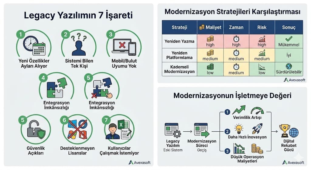 Legacy eski yazılım modernizasyon ihtiyaç işaretleri ve risk analizi infografik